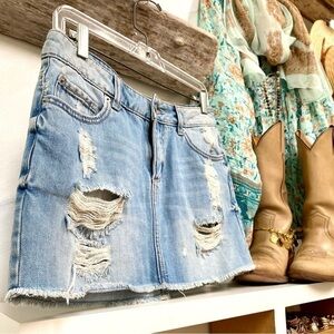 Trendy distressed rustic denim boho mini skirt w country/western/prairie vibe